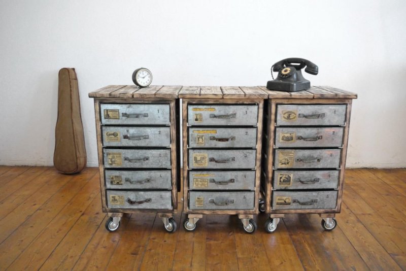 1 of 6 Schubladenschrank rollbar Rollcontainer Loft Vintage Holz Metall