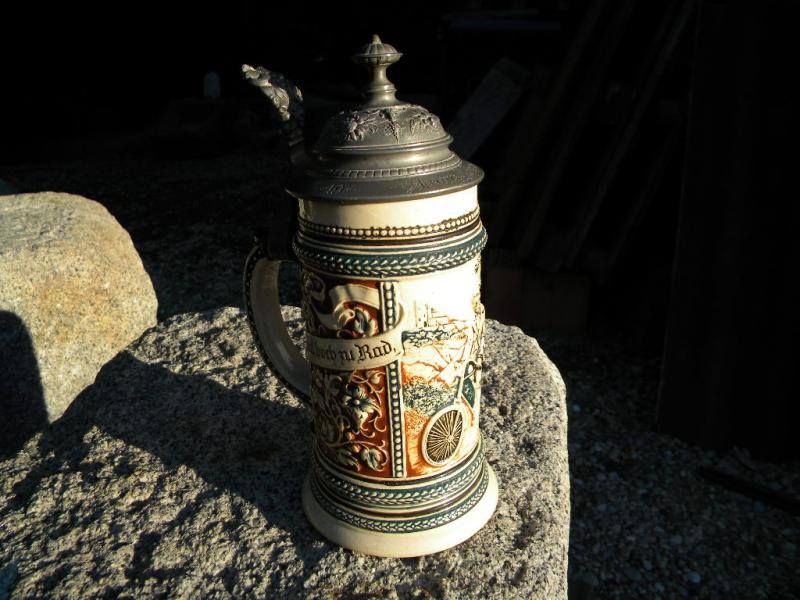 1903 RADFAHRER Krug FAHRRADKRUG Bierkrug Zinndeckel ALL HEIL Beer Stein