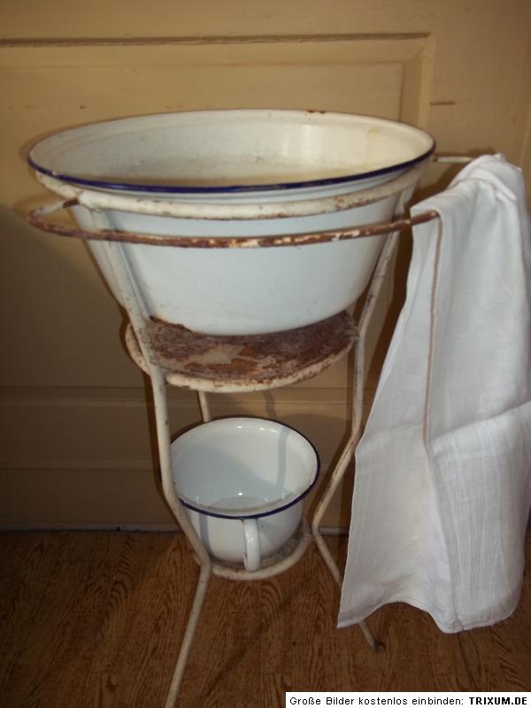 Eisen Waschtisch-Waschständer-um 1900+ Email-Schüssel-Handtuch