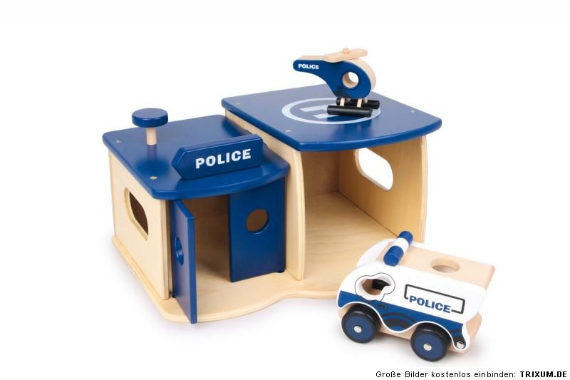 Polizeistation mit Polizeiauto & Hubschrauber Holz Spielzeug