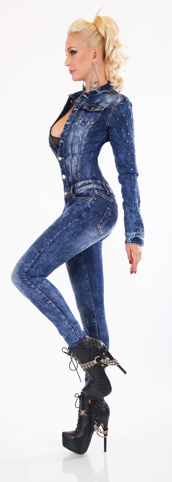 Original Femmes Manches Longues Jeans Overall Pantalon Jumpsuit Tube Skinny Denim Rivets Ebay