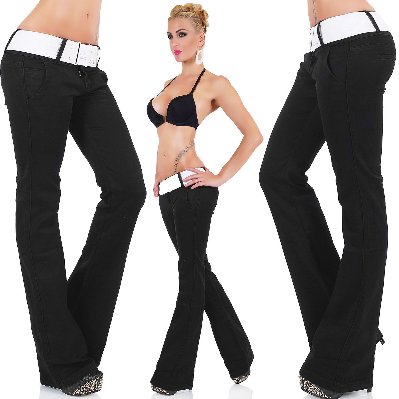 Damen Jeans Hose Schlag BootCut hoher Bund Denim ohne Waschung dunkelblau XS-XL