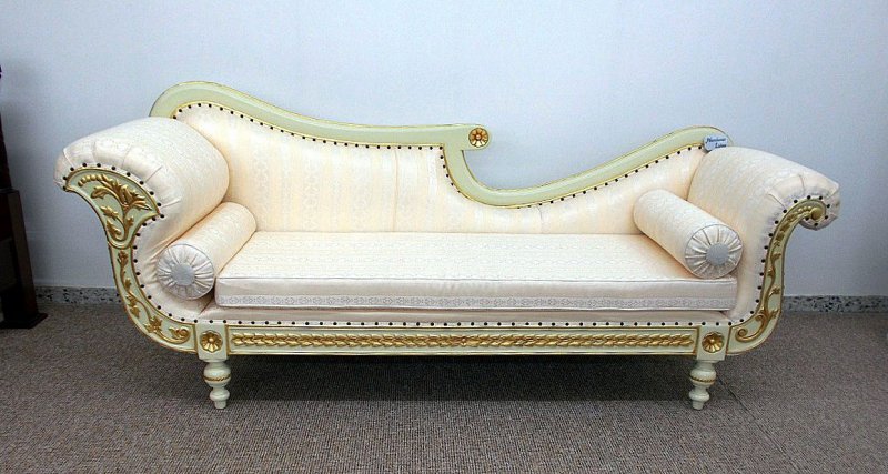 Ottomane Couch Recamiere massiv Mahagoni cream gold / Stoff textil hell