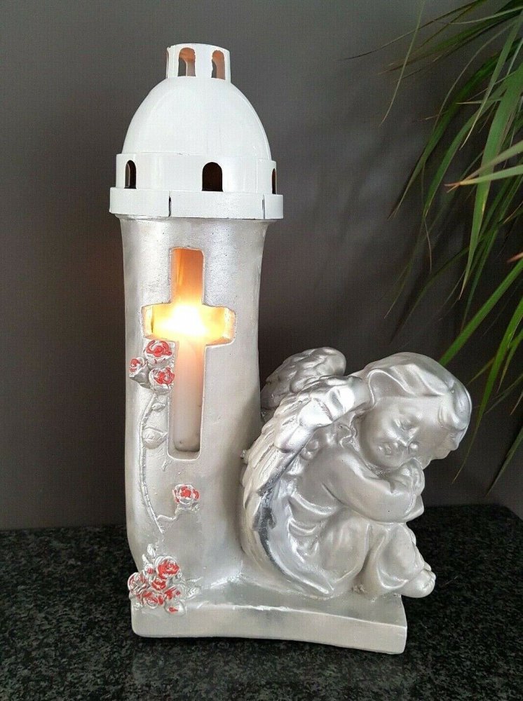 Engel Grablaterne Grablampe Grableuchte Grablicht Schutzengel Kerze Figur Blume