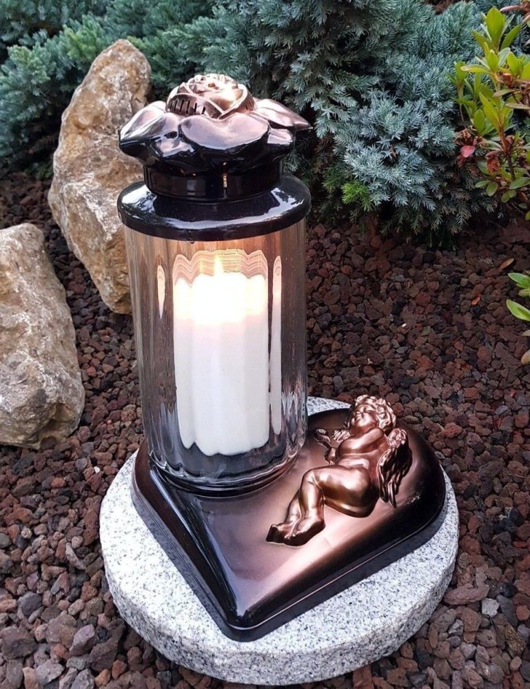 Grablaterne Für Urnengrab Grabschmuck-Set Grablampe Mit Rose 28,0cm Mit Sockel Und Engel Grablaterne Grablicht Kerze Herz Grabschmuck Wetterfest