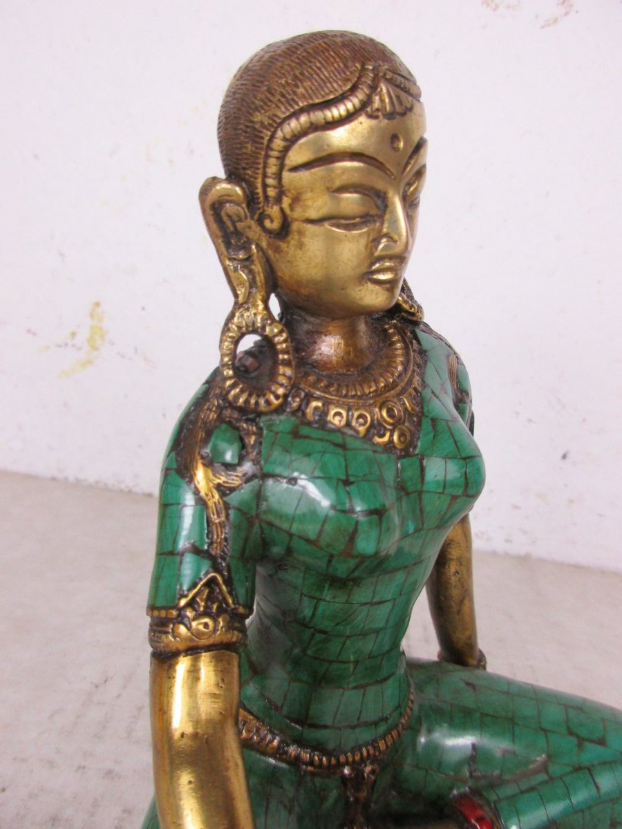 Alte Shakti Göttin Buddha Bronze mit Türkis Intarsien sexy Frau Akt