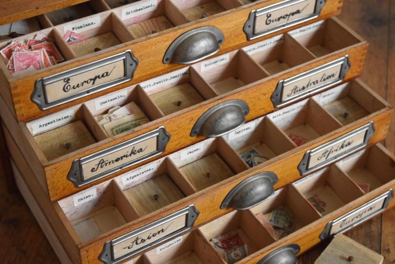 MEZ Schubladenschrank Reise Deko Vintage weit gereist Holz Alt Antik