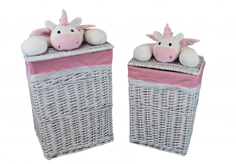 Wäschekorb weide mit Deckel Plüschtier Einhornchen rosa T04WRt-b 45x35