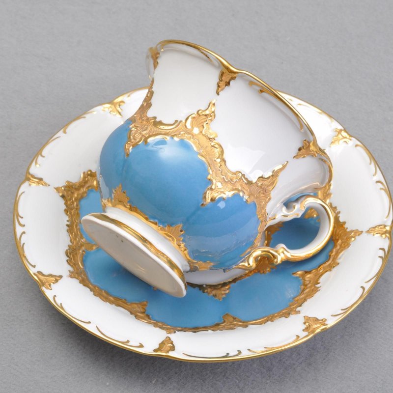 Meissen B-Form Kaffeetasse Mit Untertasse, Hellblau Türkis Goldbronze ...