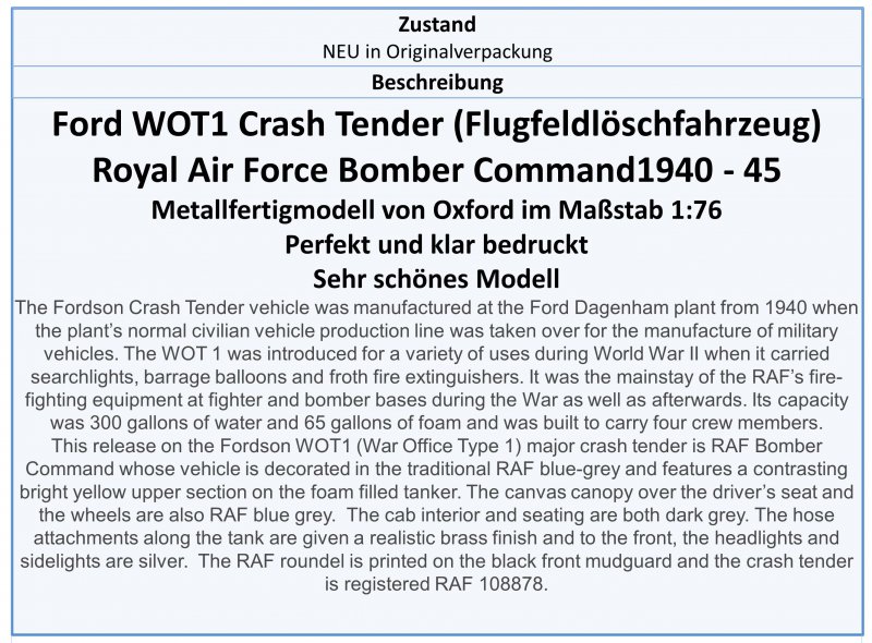 WOT003 Ford WOT1 Crash Tender, RAF Bomber Command,... nur 15.90 EUR