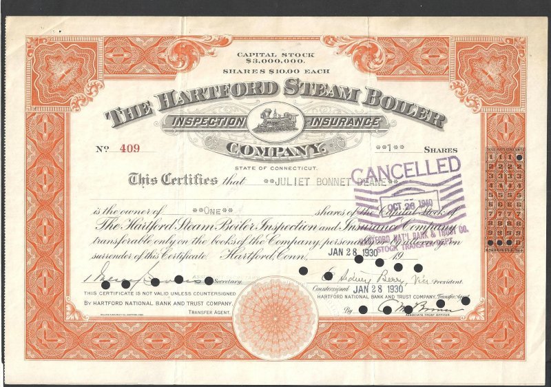 The Hartford Steam Boiler Company USA 1930, Aktie, Common ...