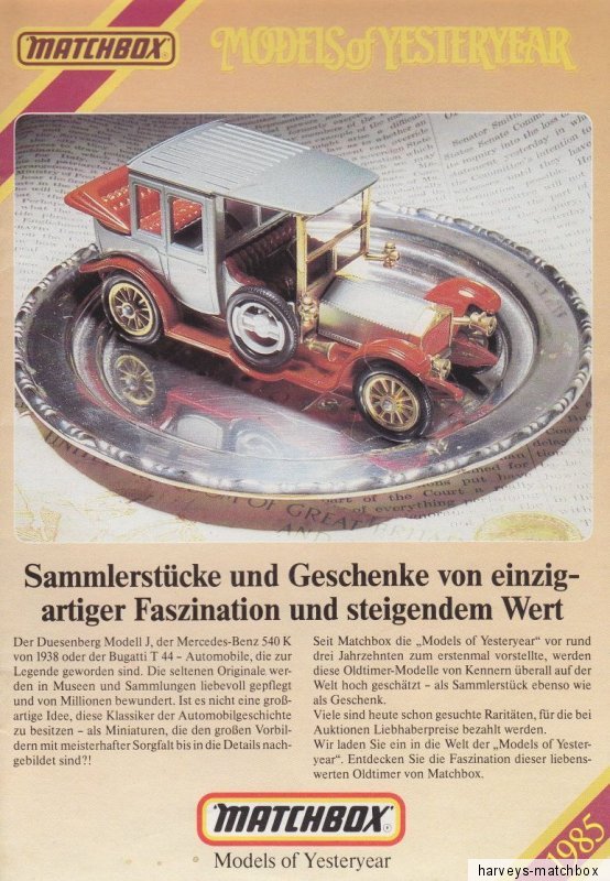 Yesteryear Catalog 1986 Germany Harveys Matchbox