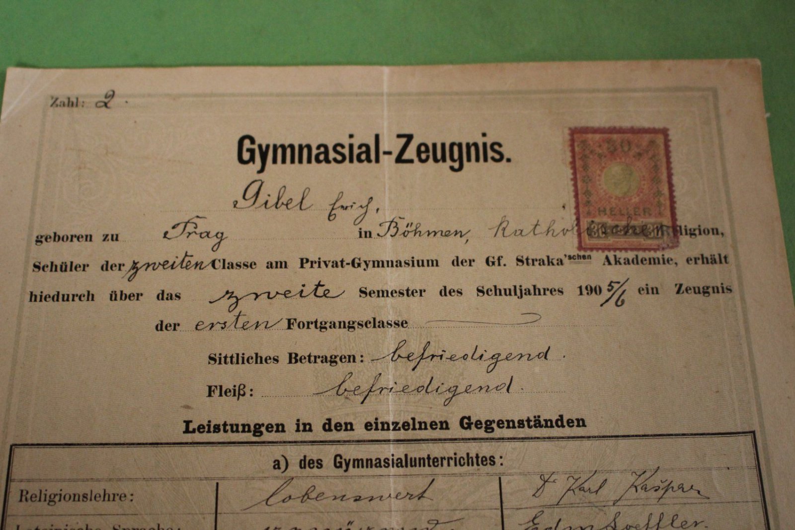 tolles altes Zeugnis 1906 - Privat-Gymnasium Gf. Strakaschen Akademie Prag  | eBay