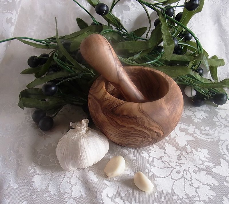 Mörser mit Stößel aus Olivenholz rund Küchenmörser Holzmörser