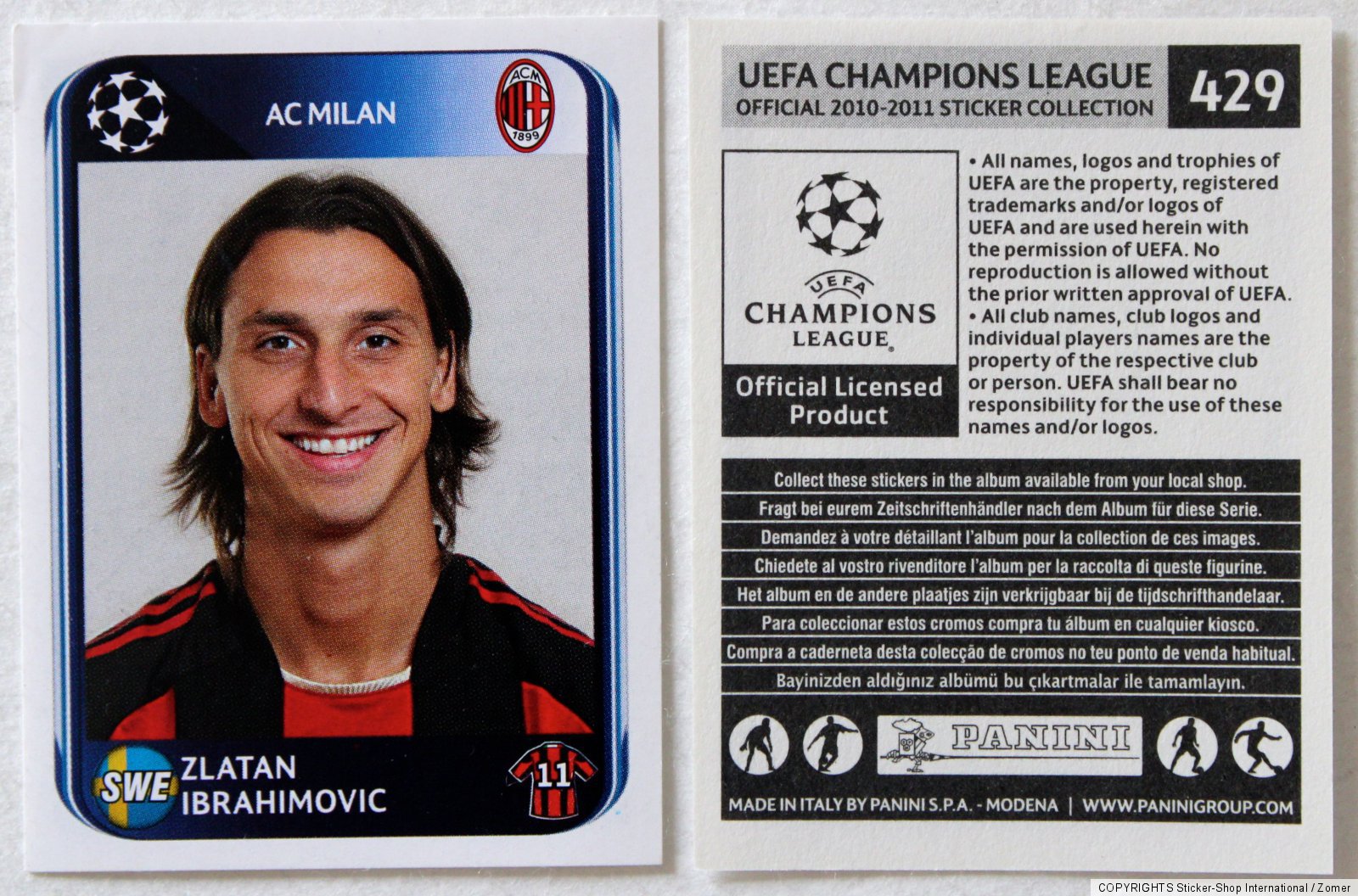 Panini Sticker Card Zlatan Ibrahimovic #429 Champions League 2010/2011 ...