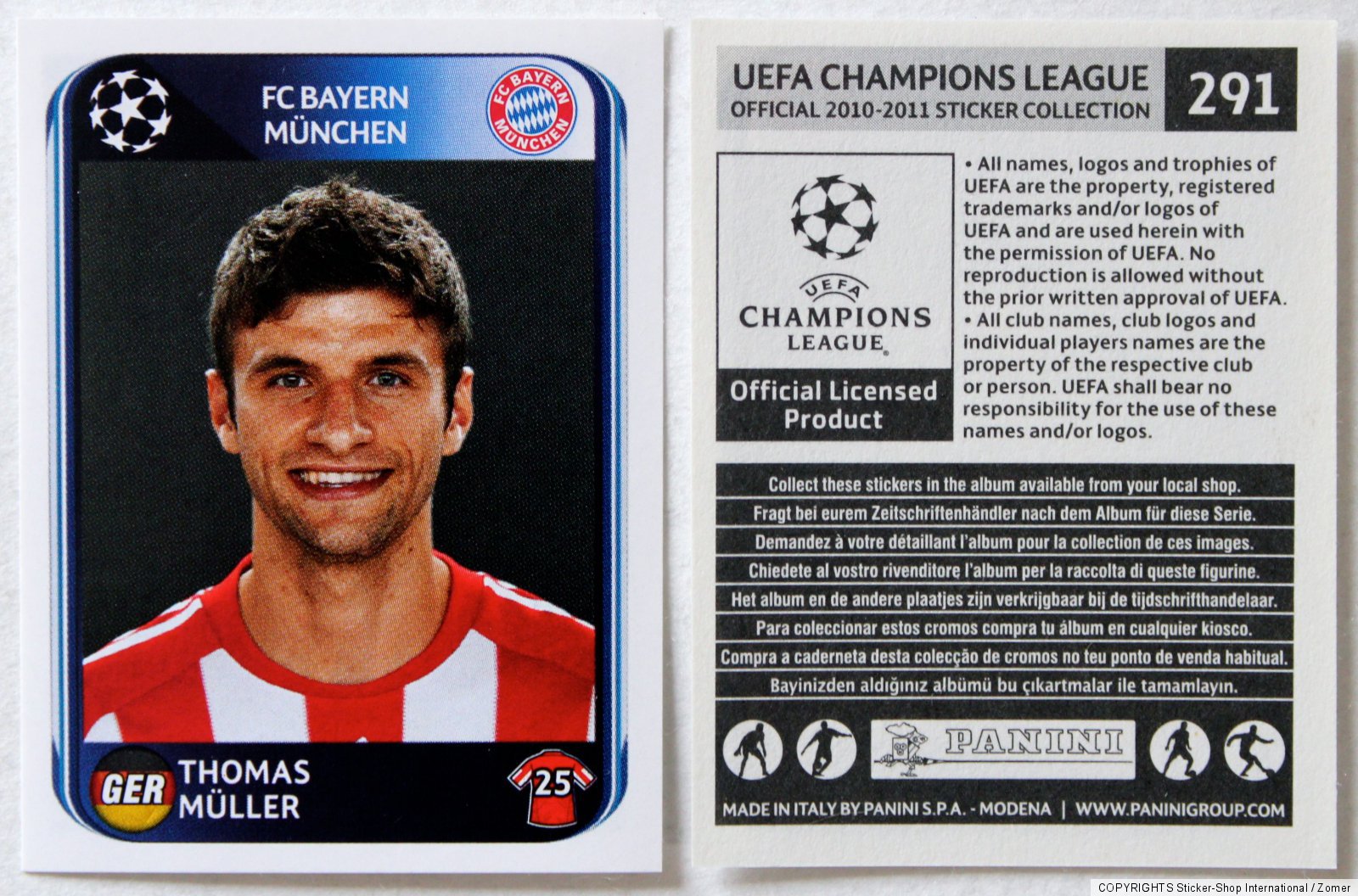 Panini Rookie Sticker Card Thomas Müller #291 Champions League 2010/ ...