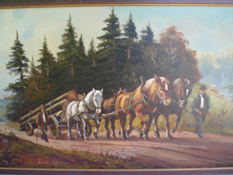 schönes,altes,großes Gemälde__Holzabfuhr mit Pferdegespann__signiert