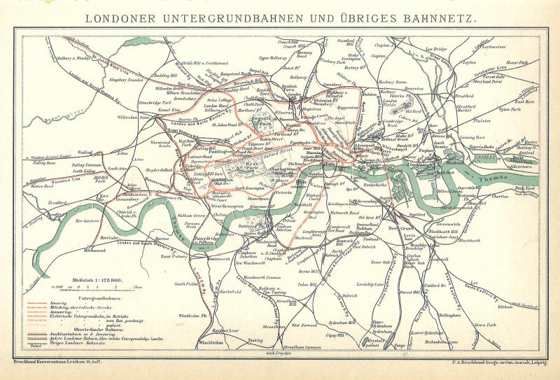 Historische Stadtkarte 1898 Londoner Untergrundbahnen und übriges Bahnnetz B14