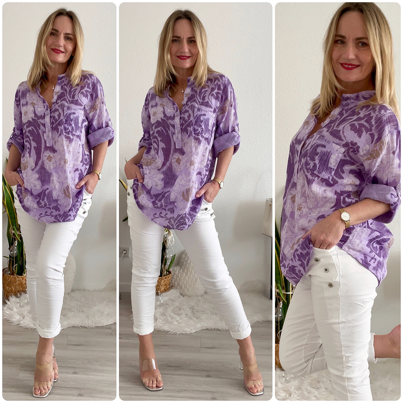 Damen Bluse Fischerhemd Blumen lila oversize 38 bis 44/46 Made in Italy 