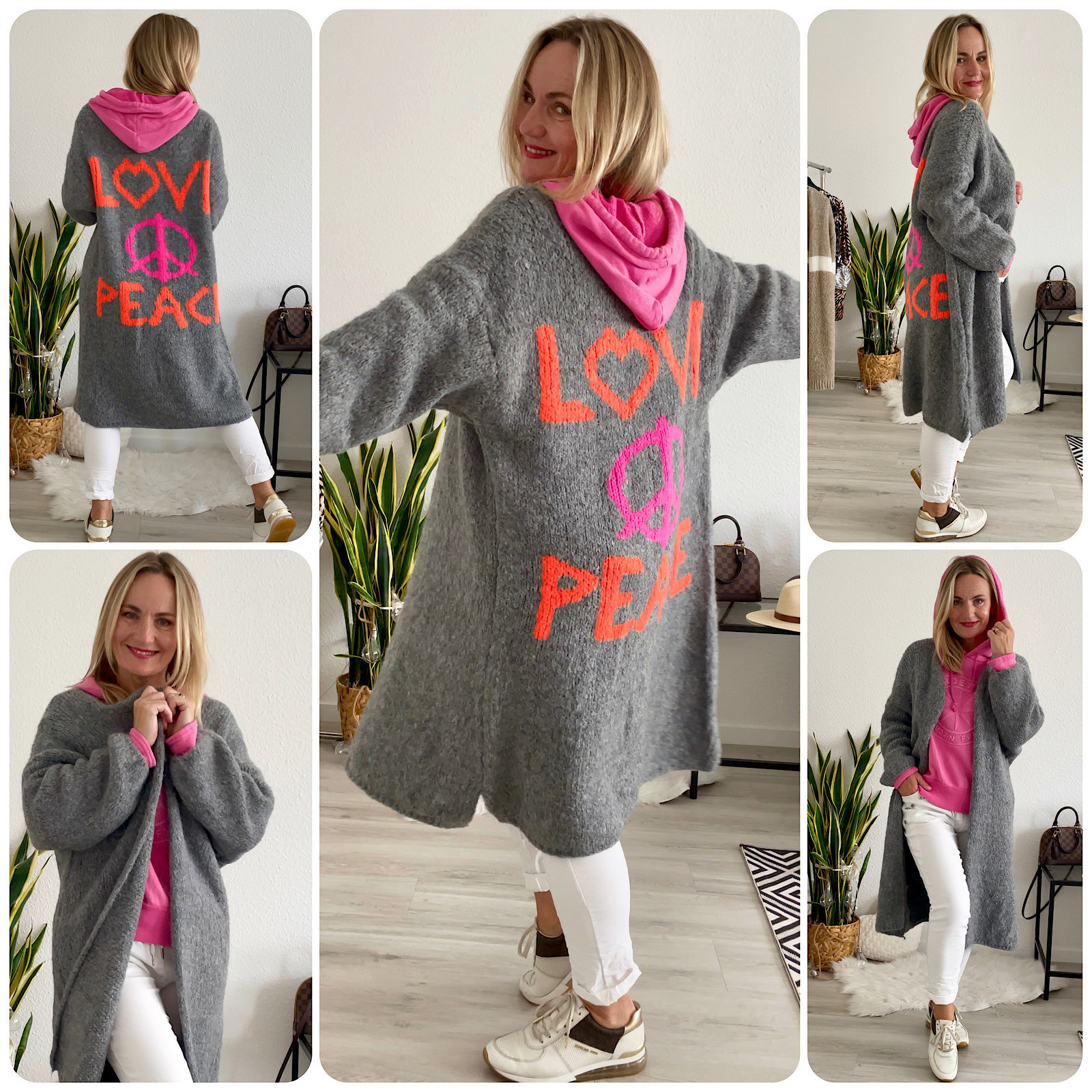italienische Mode Damen Strickmantel Love & Peace grau oversize online kaufen