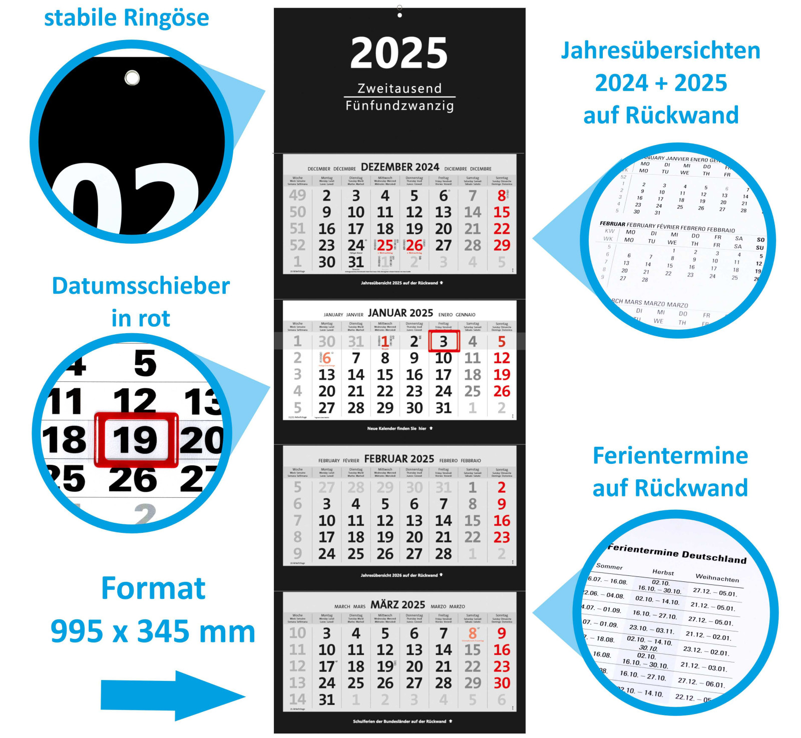 XXL 4-Monatskalender 2025 mit 4 Monatsblöcken