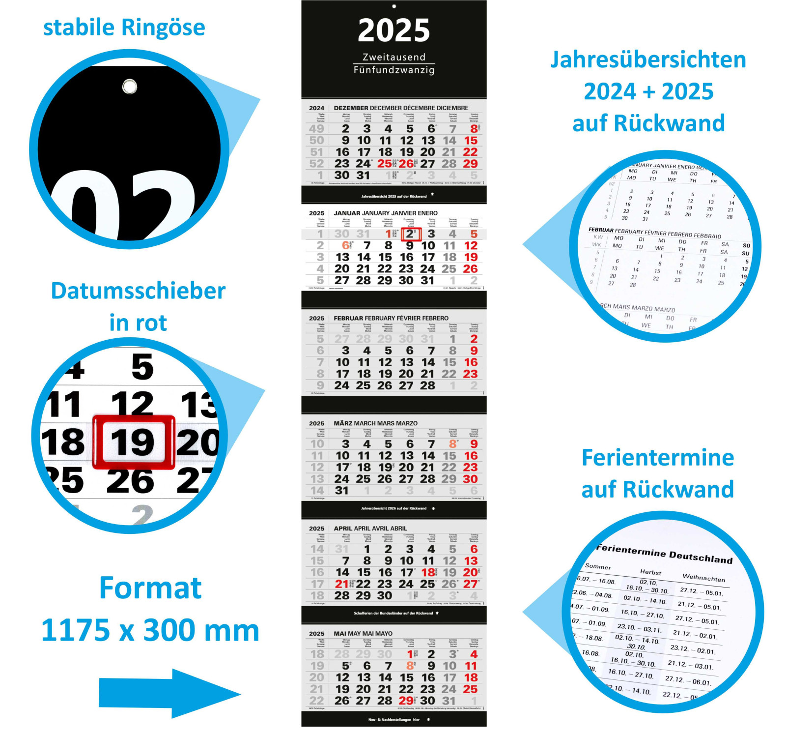 großer 6-Monatskalender 2025 schwarz